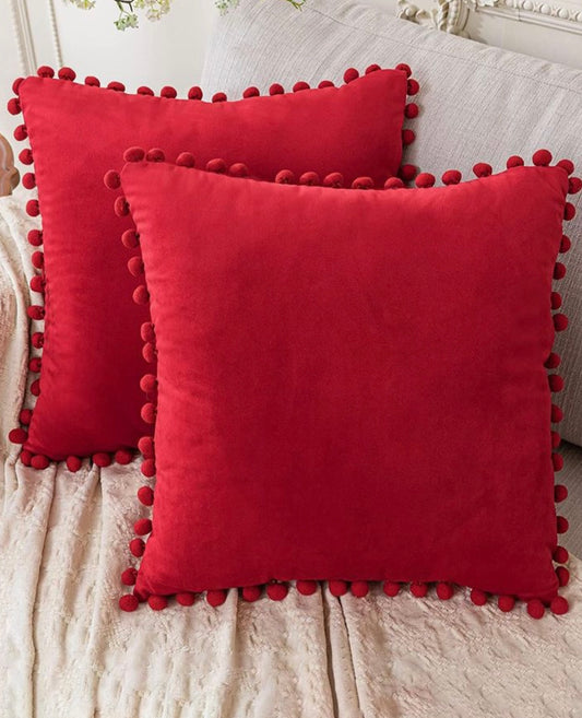 Plain Red Cushion with Red Pom Pom Lace