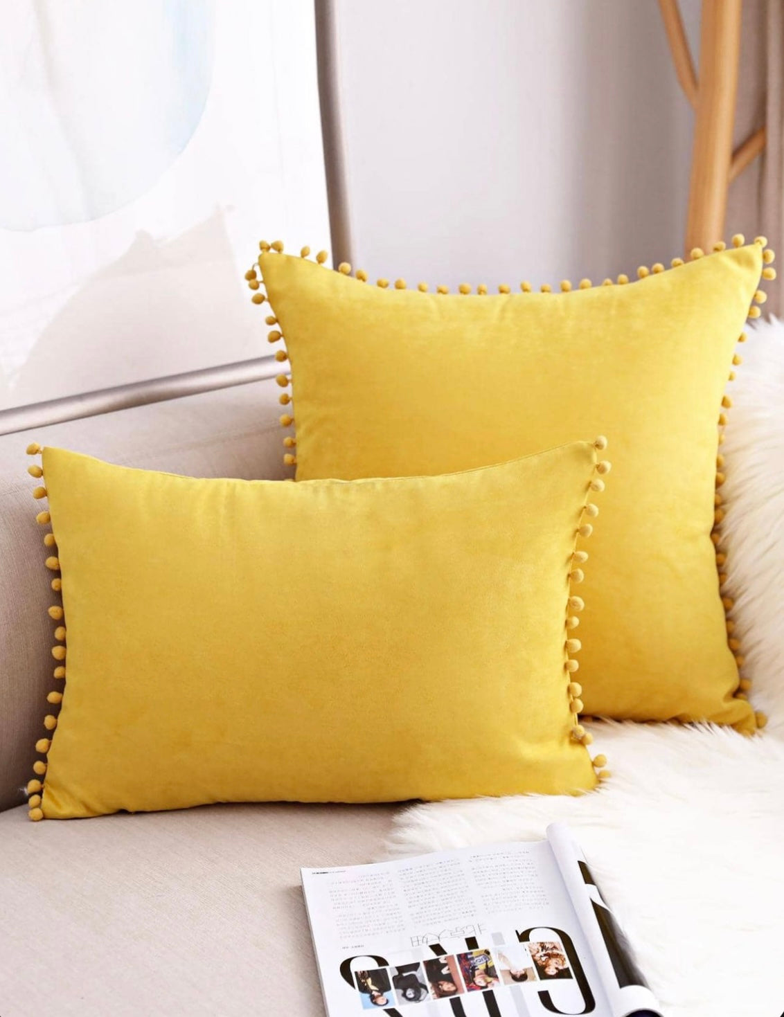 Plain Yellow Cushion with Yellow Pom Pom Lace