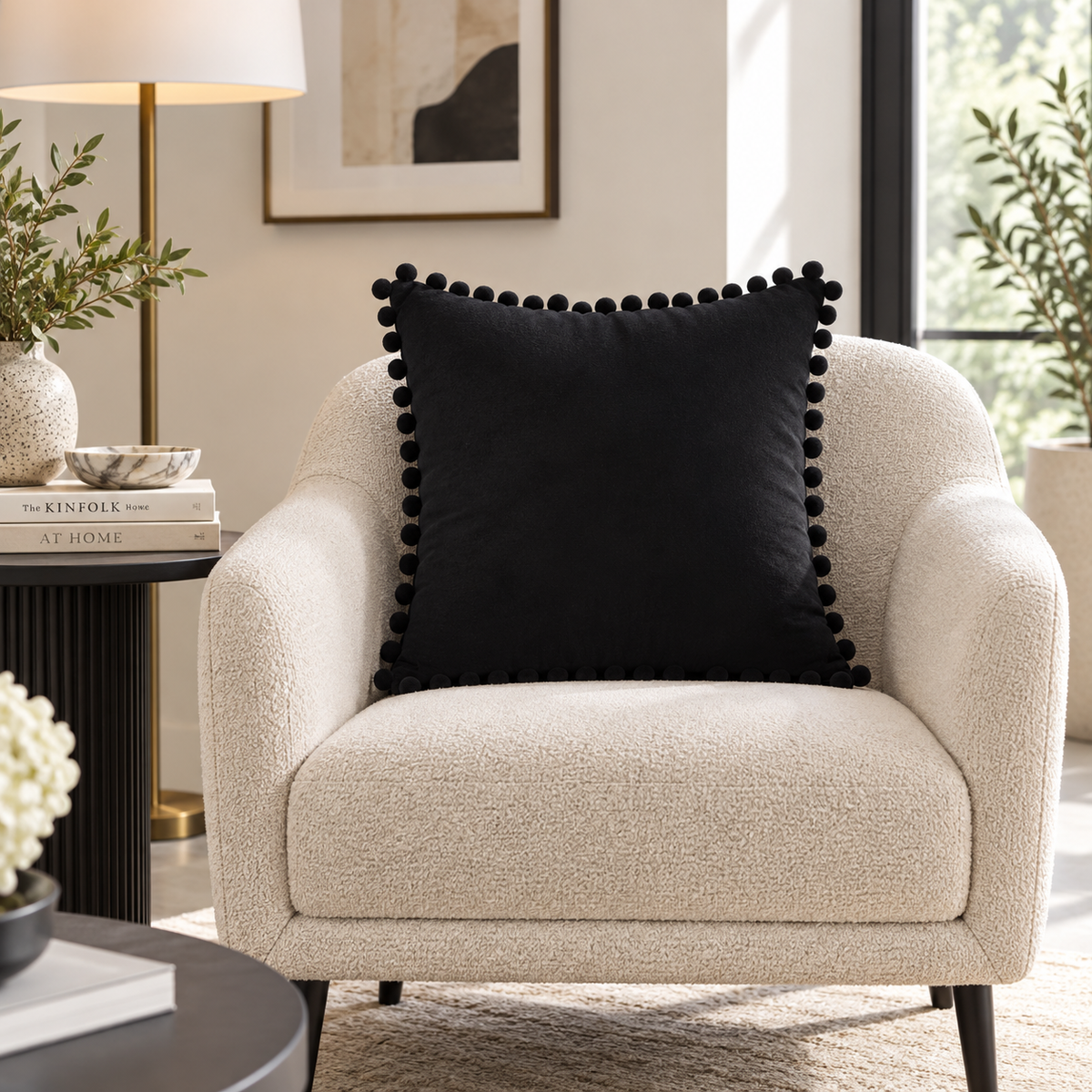 Plain Black Velvet Cushion with Black Pom Pom Lace
