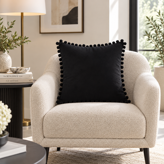 Plain Black Velvet Cushion with Black Pom Pom Lace