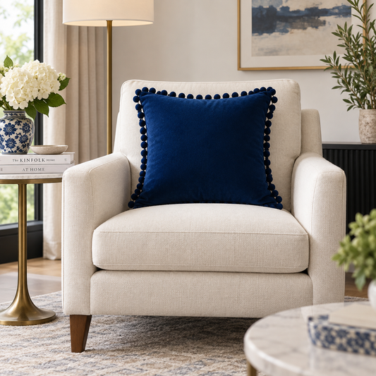 Plain Dark Blue Velvet Cushion with Dark Blue Pom Pom Lace