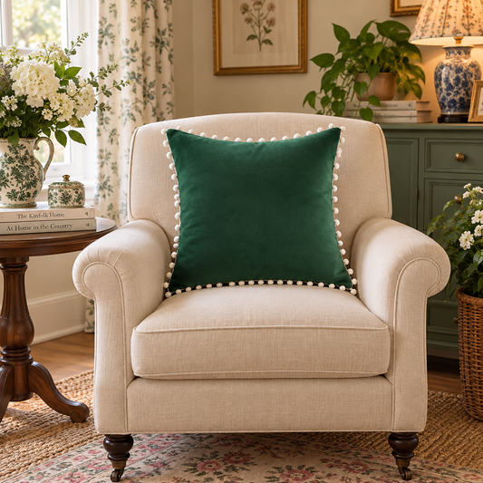 Plain Dark Green Velvet Cushion with Off-White Pom Pom Lace