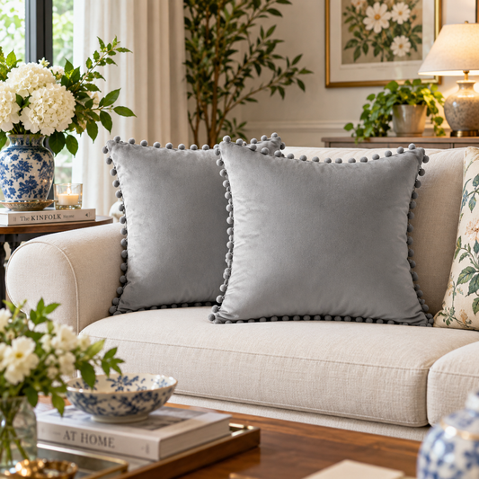 Plain Gray Velvet Cushion with Gray Pom Pom Lace