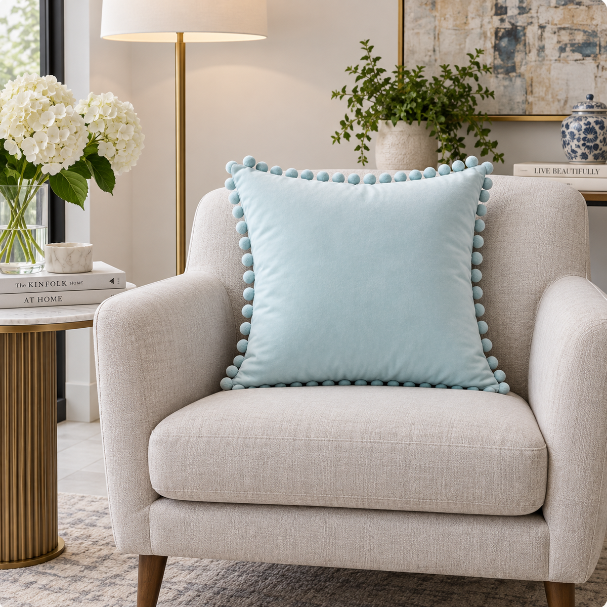 Plain Light Blue Velvet Cushion with Light Blue Pom Pom Lace