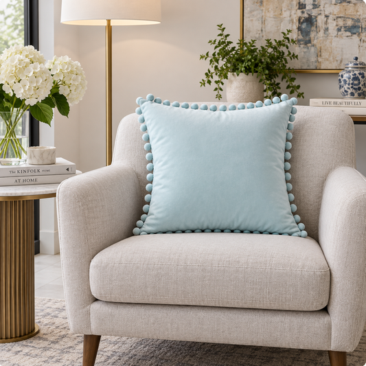 Plain Light Blue Velvet Cushion with Light Blue Pom Pom Lace