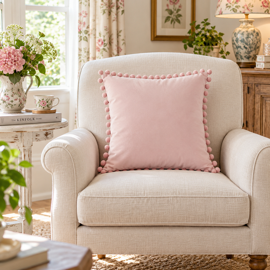 Plain Light Pink Velvet Cushion with Pink Pom Pom Lace