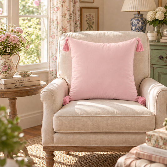 Plain Light Pink Velvet Cushion with Light Pink Tassels
