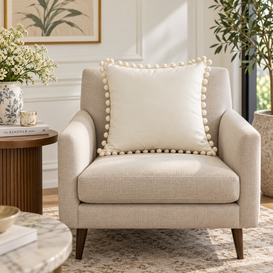 Plain Off-White Velvet Cushion with Off-White Pom Pom Lace