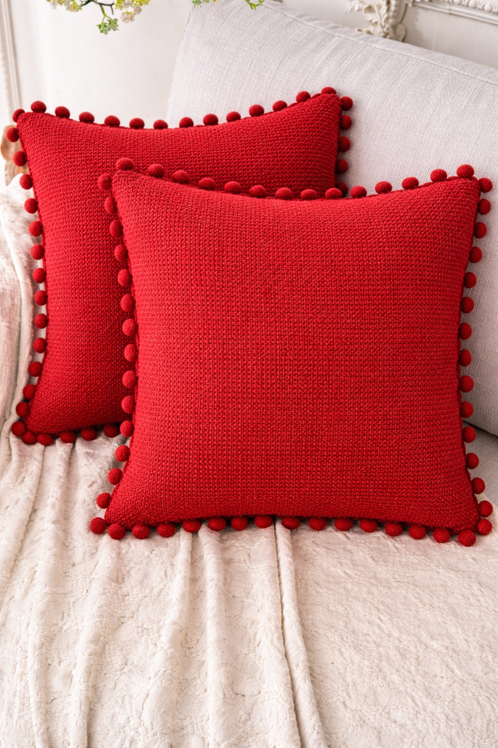 Plain Red Textured Cushion with Red Pom Pom Lace