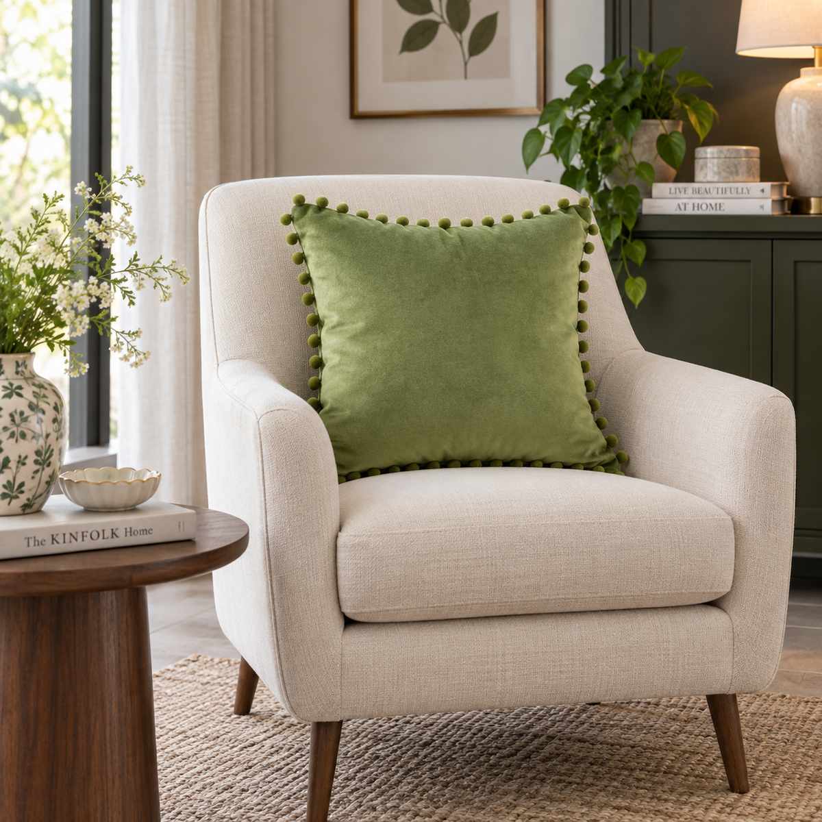 Plain Sage Green Velvet Cushion with Sage Pom Pom Lace