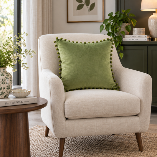 Plain Sage Green Velvet Cushion with Sage Pom Pom Lace