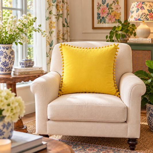 Plain Yellow Velvet Cushion with Yellow Pom Pom Lace