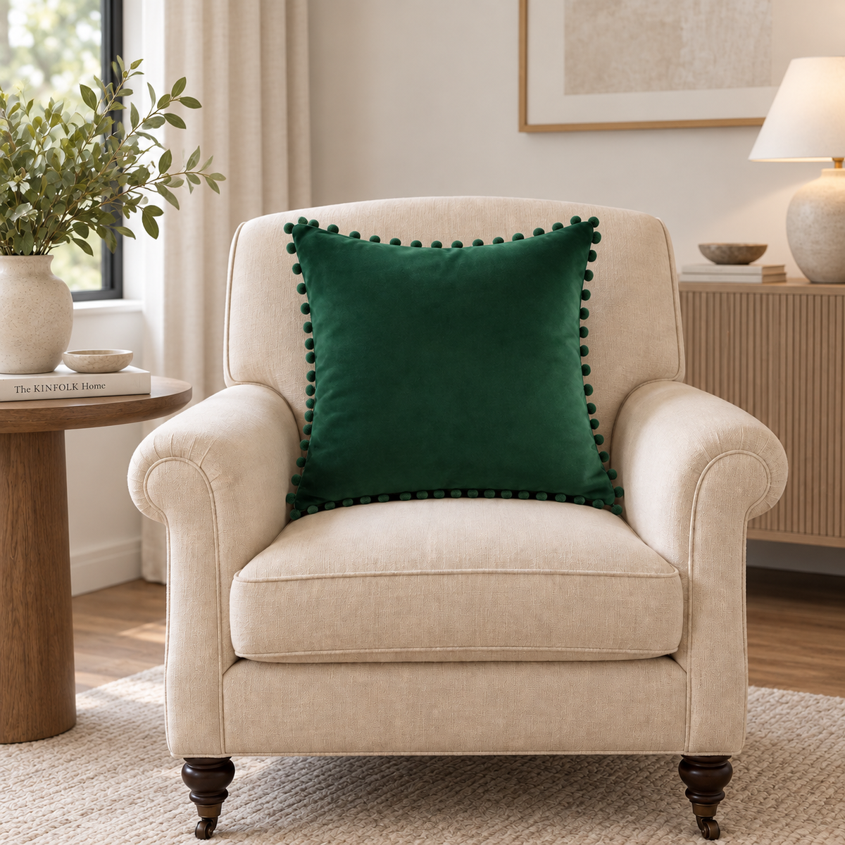 Plain Dark Green Velvet Cushion with Dark Green Pom Pom Lace