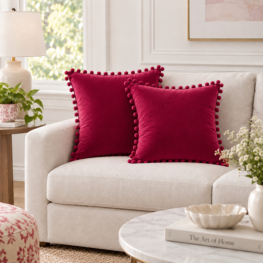 Plain Dark Pink Velvet Cushion with Dark Pink Pom Pom Lace