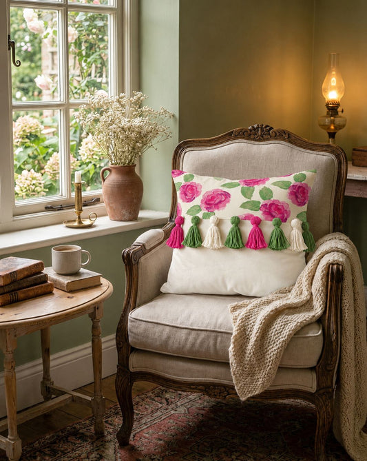 Printed-Plain Cushion with Tassels (Blushing)