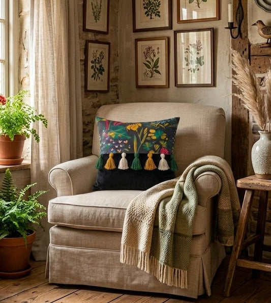 Printed-Plain Cushion with Tassels (Black Safari)
