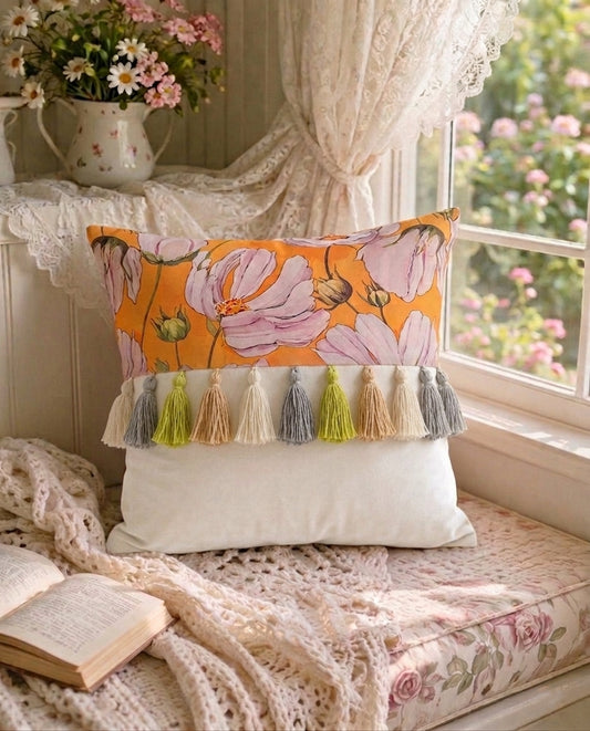 Printed-Plain Cushion with Tassels (Amber)