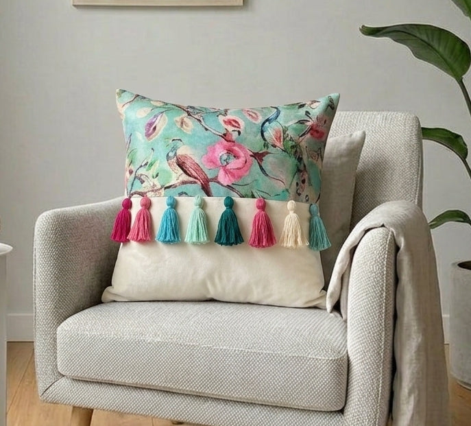 Printed-Plain Cushion with Tassels (Aqua Garden)