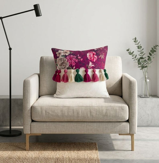 Printed-Plain Cushion with Tassels (Cranberry)
