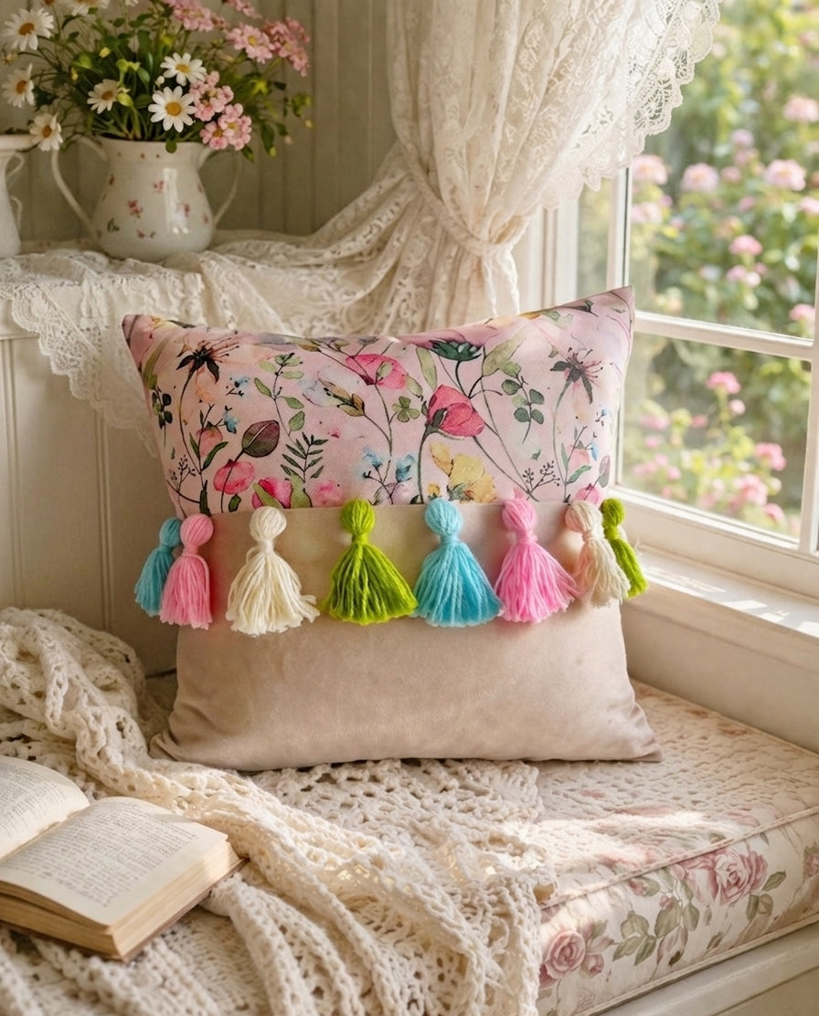 Printed-Plain Cushion with Tassels (Pink Bliss)