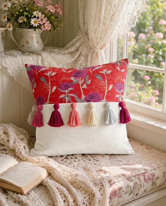 Printed-Plain Cushion with Tassels (Apricot)