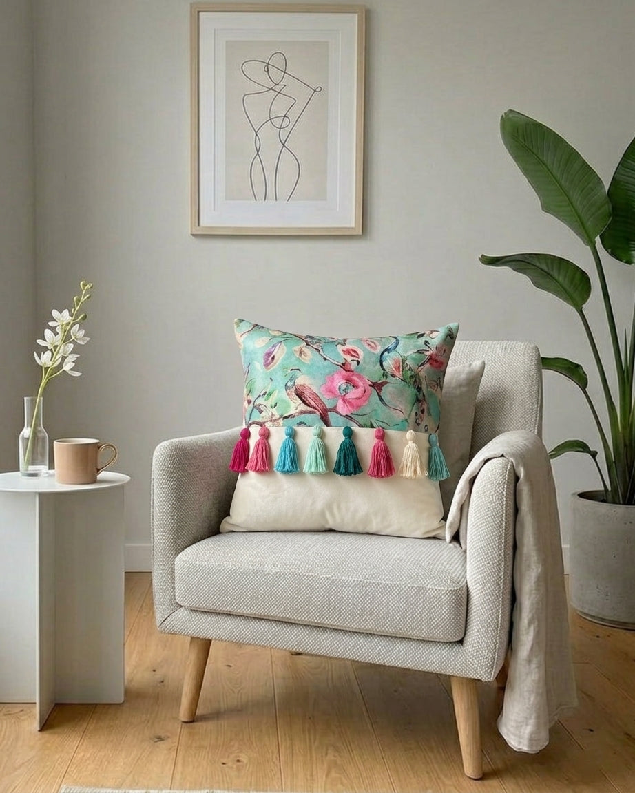 Printed-Plain Cushion with Tassels (Aqua Garden)