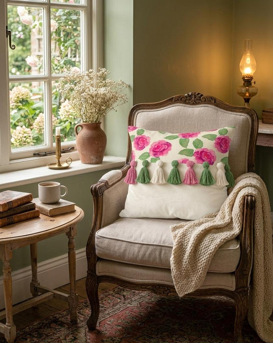 Printed-Plain Cushion with Tassels (Blushing)