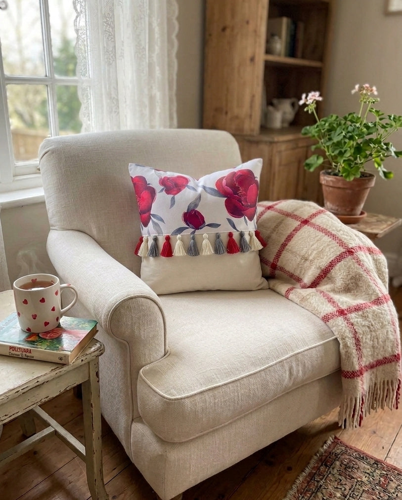 Printed-Plain Cushion with Tassels (Dahlia)