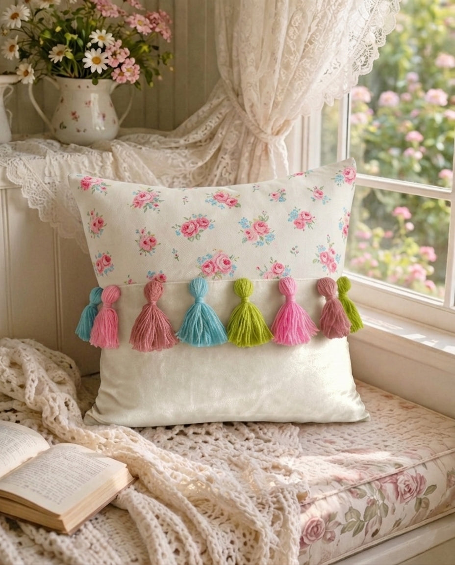 Printed-Plain Cushion with Tassels (Emma)