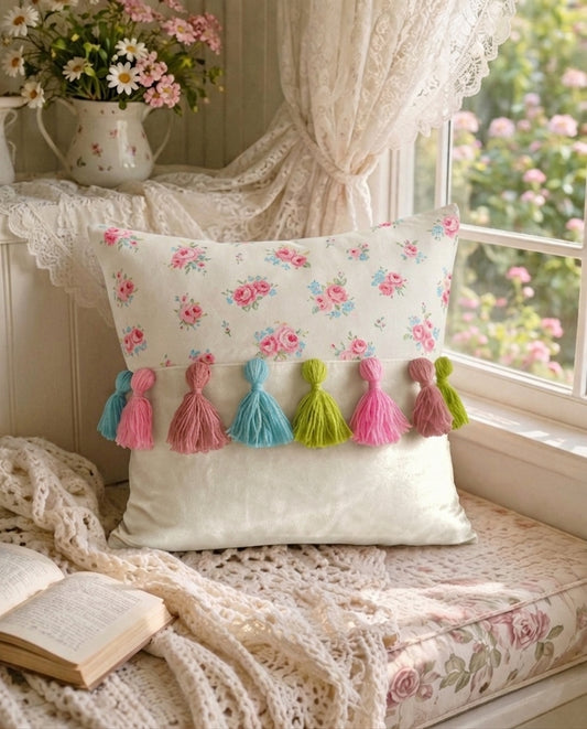 Printed-Plain Cushion with Tassels (Emma)