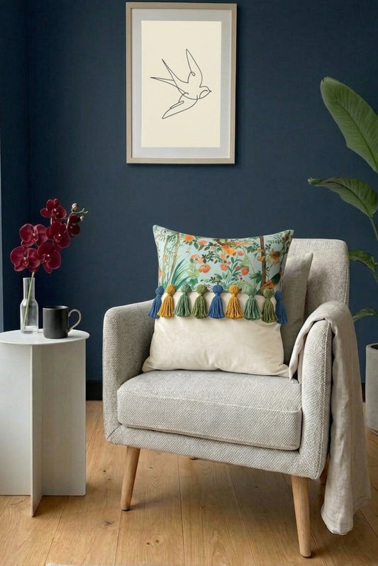 Printed-Plain Cushion with Tassels (Blue Bliss)