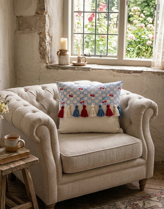 Printed-Plain Cushion with Tassels (Cherry Fields)