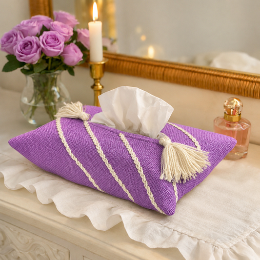 Purple Tissue Box Cover with White Embroidery
