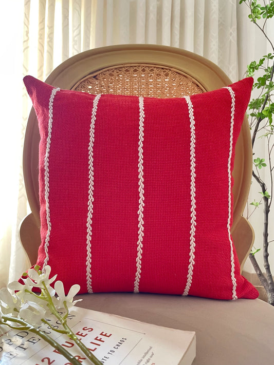 Red Cushion with White Embroidered Stripes