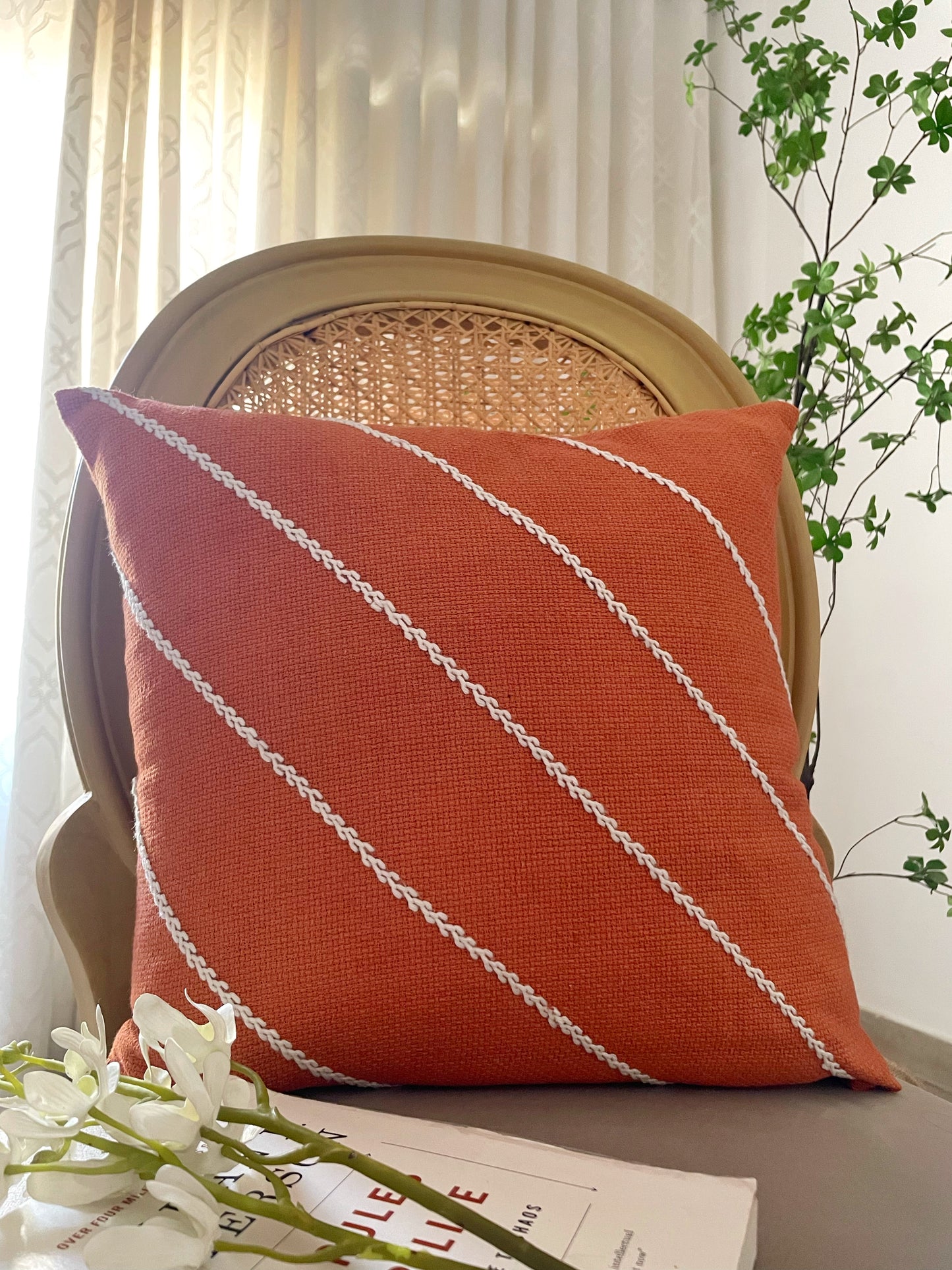 Rust Cushion with White Diagonals Embroidery