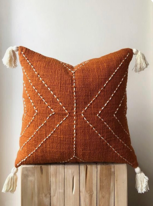 Rust Cushion with White Embroidered X