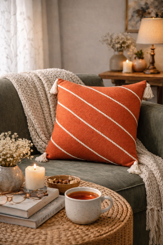 Diagonals Cushion (Rust with White Embroidery)