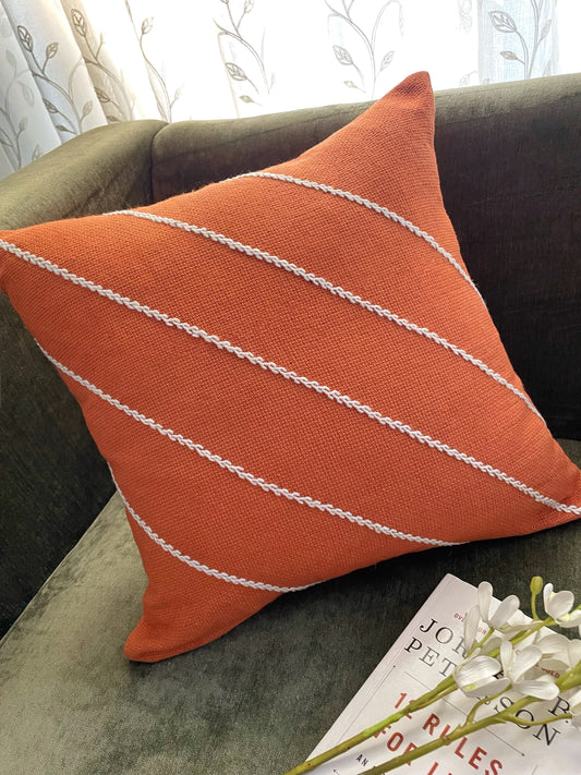 Rust Cushion with White Diagonals Embroidery