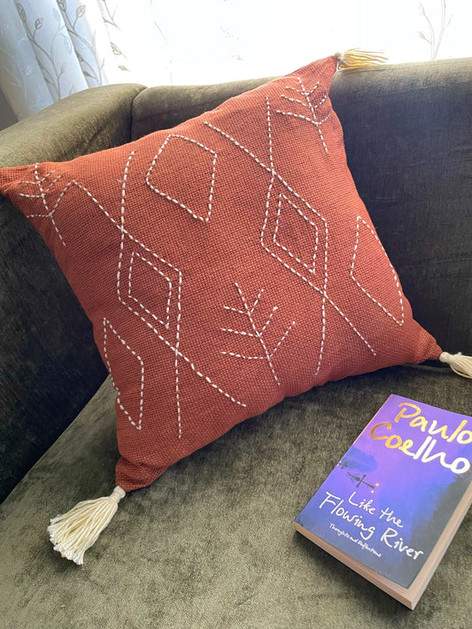 Rust Cushion with White Symbols Embroidery