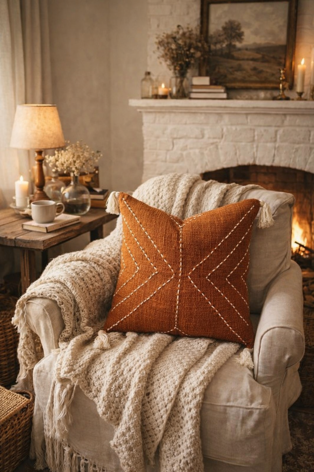 Arrowline Cushion (Rust with White Embroidery)