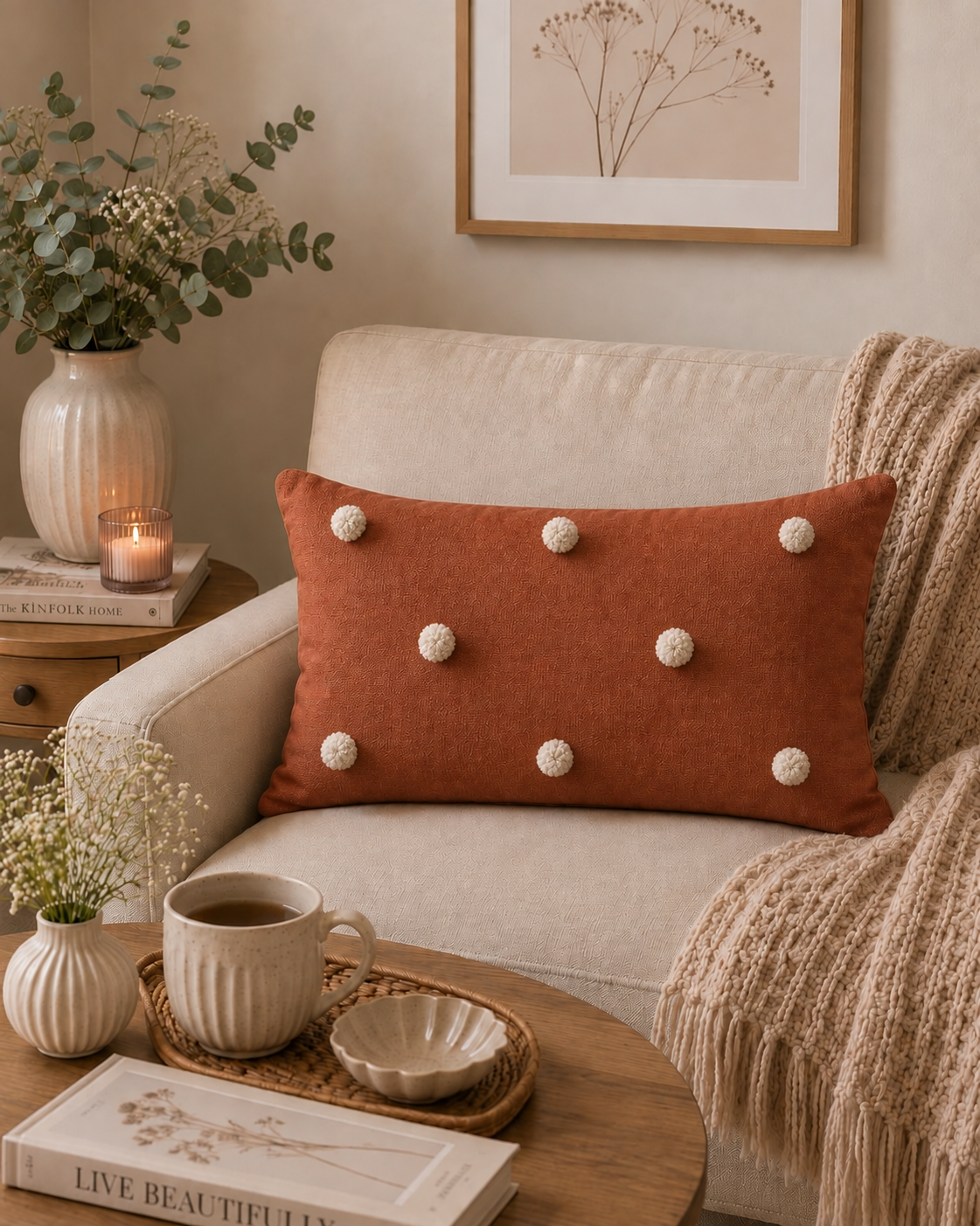 Pom Poms Cushion (Rust with White)