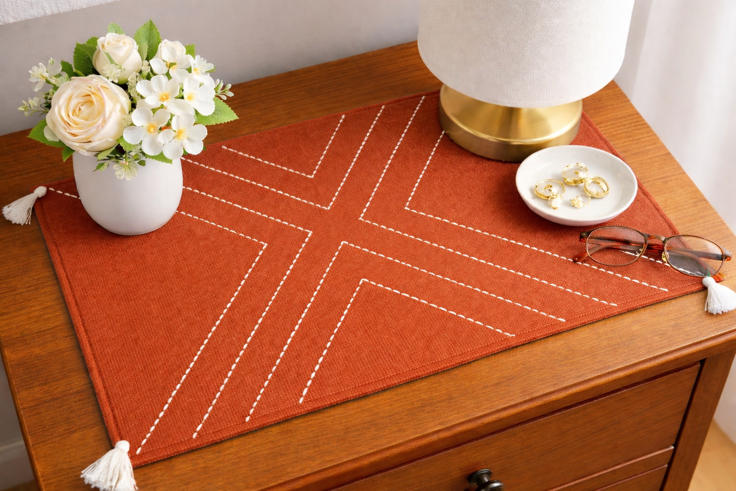 Embroidered Table Mat (Rust with White)
