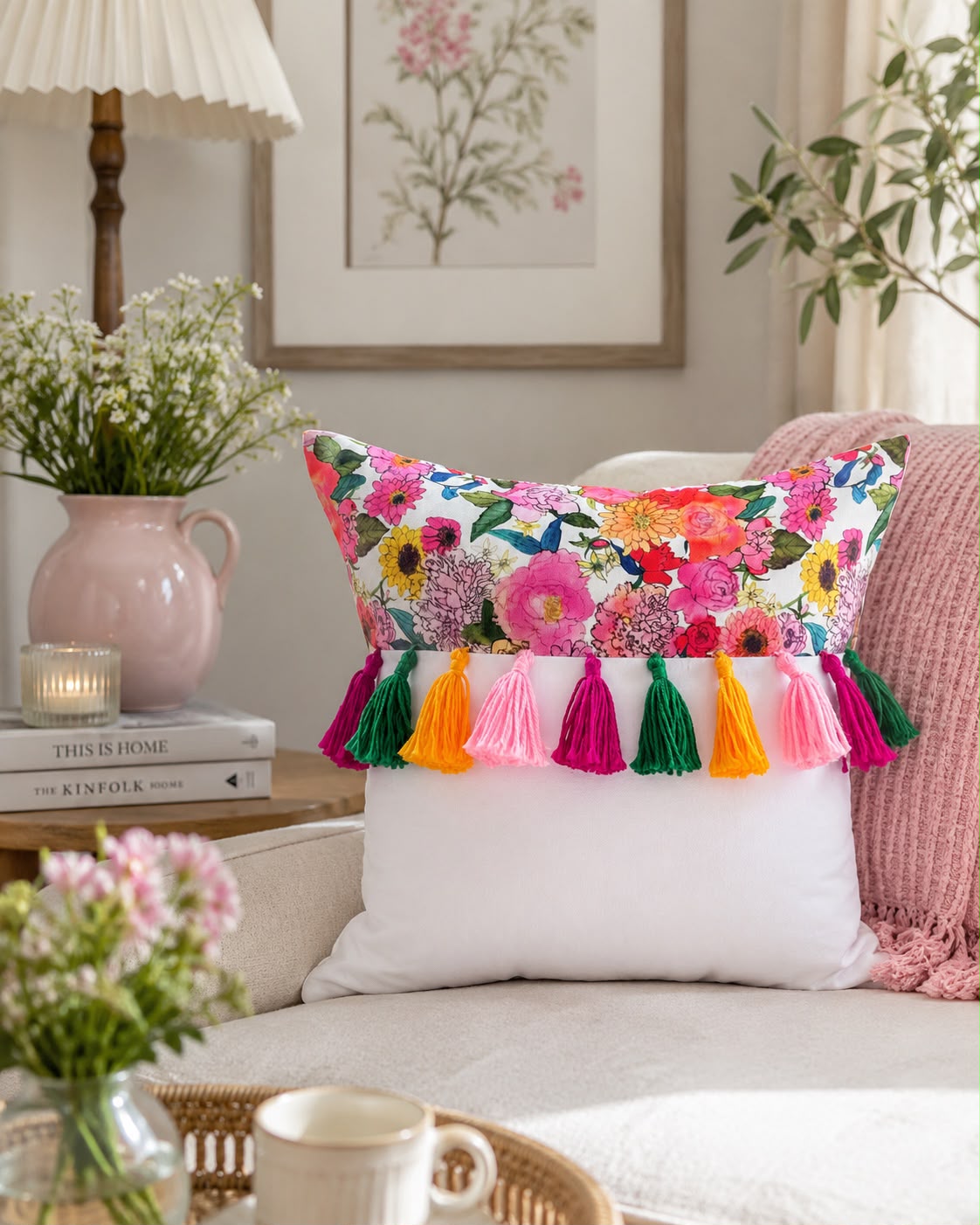 Printed-Plain Cushion with Tassels (Splashy)
