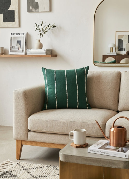 Stripes Cushion (Dark Green with White Embroidery)
