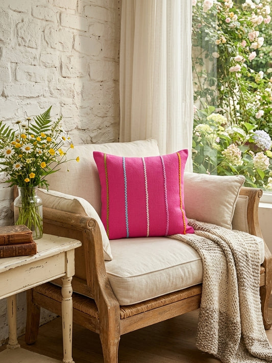 Stripes Cushion (Fuchsia with Multi-colored Embroidery)