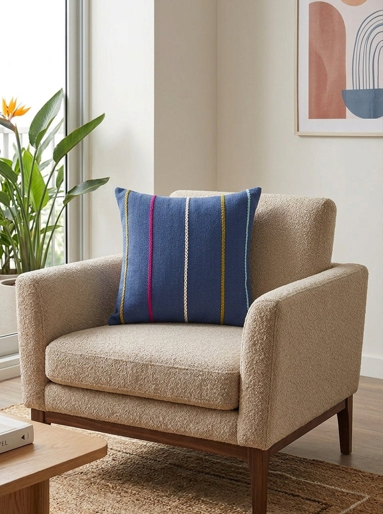 Stripes Cushion (Dark Blue with Multi-colored Embroidery)