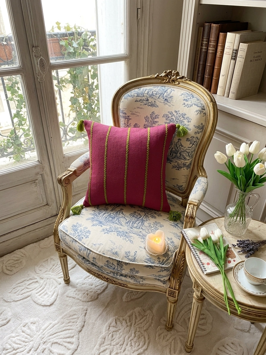 Stripes Cushion (Maroon with Light Green Embroidery)