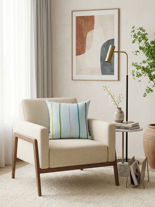 Stripes Cushion (Powder Blue with Multi-colored Embroidery)