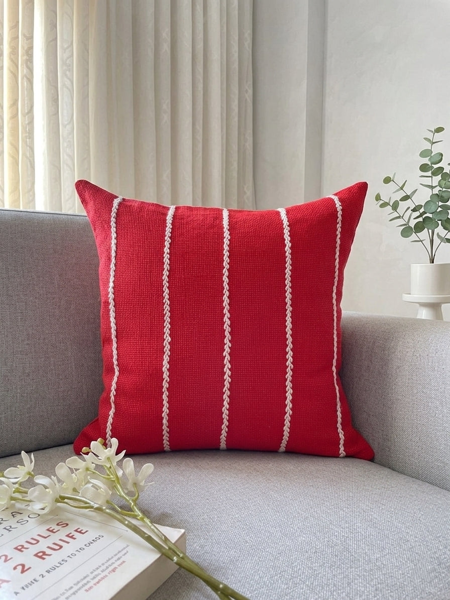 Stripes Cushion (Red with White Embroidery)