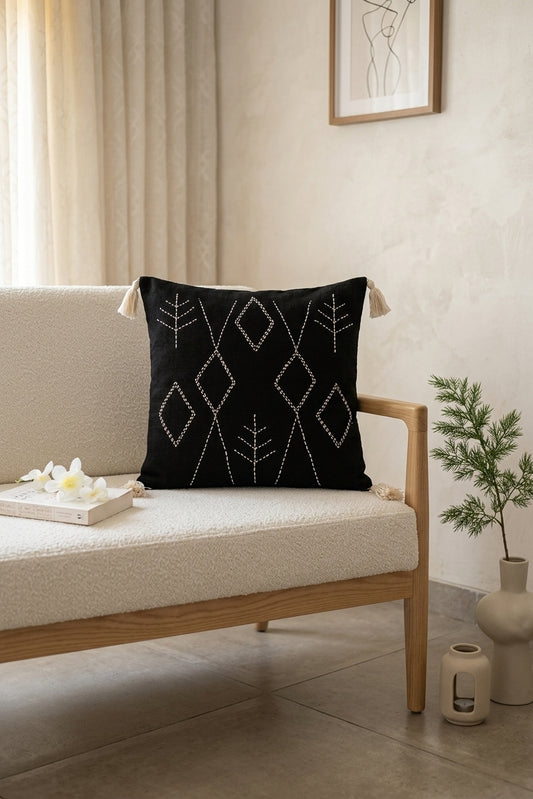 Symbols Cushion (Black with White Embroidery)